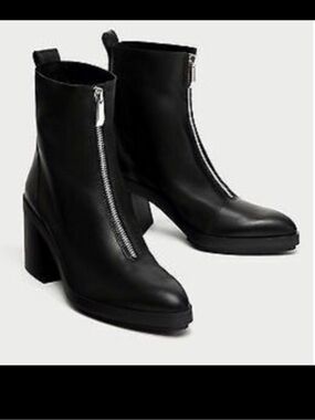 Zara Trafaluc zipper Ankle Block Heel Boots pointed Black 7.5